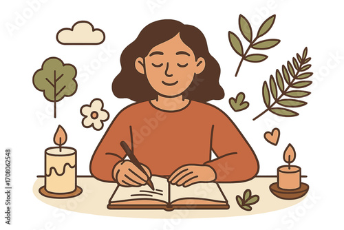 Woman practices mindful journaling for mental health and self care. Concept of gratitude diary, relaxation, stress relief and wellbeing. Therapeutic writing with nature symbols.