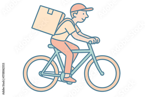 Bicycle courier delivering a package. Man on a bike with a parcel box. Fast delivery service, shipping and logistics concept. Mailman job. Eco friendly city transport vector.