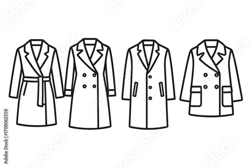 Set of minimalist coat designs. Simple linear illustrations of stylish outerwear. Vector line art icons for fashion, apparel, and clothing. Elegant trench and overcoat collection.