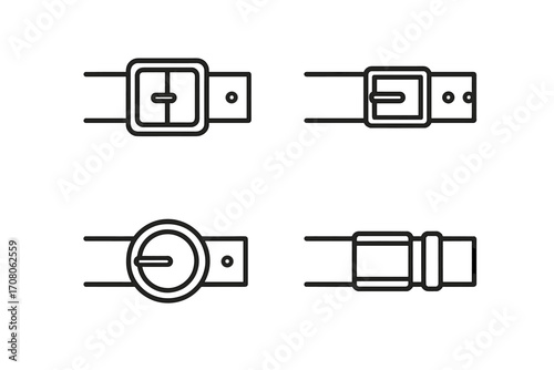 Minimalist belt icons set. Outline style collection with various buckles and straps. Vector cartoon illustration of fashion accessories. Simple line art design element.