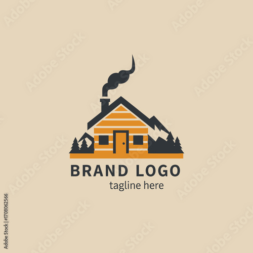 A rustic log cabin with smoke billowing from its chimney, set against a backdrop of pine trees and majestic mountains, symbolizing a cozy retreat.