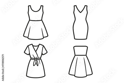 Set of minimalist dress outlines for fashion design. Vector line art icons of women's apparel. Garment sketches for sewing projects. Clothing illustration collection.