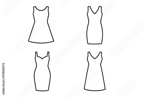 Minimalist dress outline set for fashion design. Vector technical flat sketch. Woman apparel template. Black line art collection. Gown silhouette icon. Simple cocktail dress.