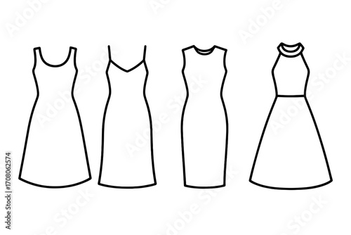 Set of minimalist dress outlines. Vector line art icons for fashion design, sewing projects. Includes slip, halter, and A-line dress silhouettes. Female garment templates.