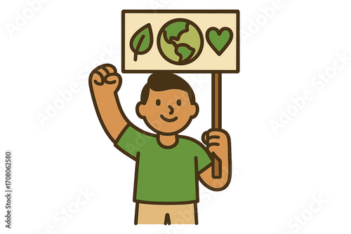 Environmental activist with protest sign. Earth Day concept for climate change awareness. Young man holding banner with eco-friendly message. Love nature, save the planet cartoon.
