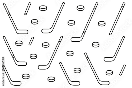 Minimalist hockey sticks and pucks seamless pattern. Vector line art of winter sport equipment. Simple black and white cartoon illustration for athletic design wallpaper.