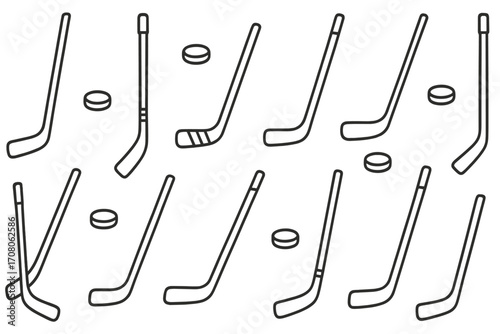 Hockey stick and puck pattern set. Minimalist line art vector illustration of ice hockey equipment. Winter sports gear collection. Outline cartoon graphic elements.