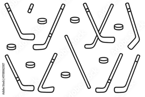 Hockey stick and puck pattern. Seamless background. Sport equipment for ice hockey game. Winter sport symbol set. Minimalist line art vector illustration for design or print.