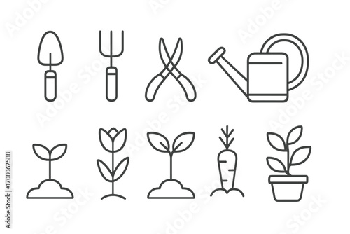 Gardening icon set in thin linear outline style. Vector graphic of garden tools, plants, flowers and vegetables. Trowel, fork, shears, watering can, sprout, tulip, carrot.
