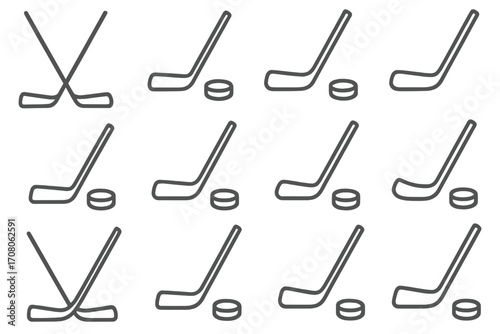 Hockey stick and puck line icon set. Minimalist sport equipment vector collection. Simple outline illustration for winter game, team logo, or tournament. Crossed sticks symbol.
