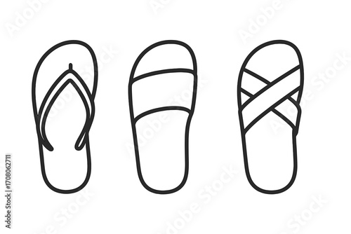 Sandal icon set vector illustration. Minimalist outline collection of summer footwear. Includes flip-flop, slide, and strap sandal designs. Beach wear fashion graphic element.