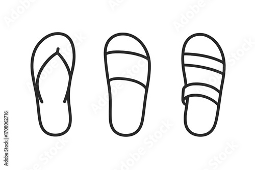 Sandal icon set vector illustration. Minimalist line art of flip-flop, slide, and strap sandals. Summer footwear collection for beach, vacation, and casual wear design.
