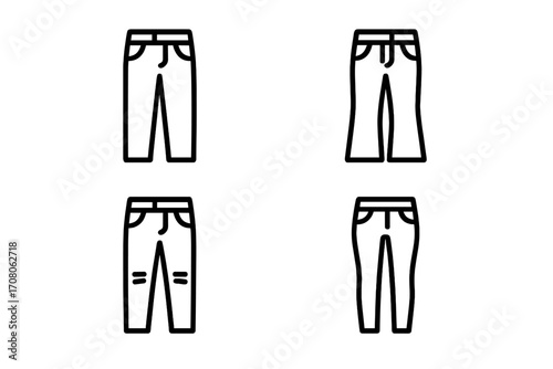 Jeans icon set. Minimalist line art of various denim pants styles. Straight, skinny, flare, and ripped trousers. Fashion and apparel vector illustration for clothing.