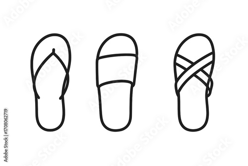 Sandal set vector line art. Flip-flop, slide, and strap sandal variations collection. Minimalist summer footwear icons. Beach shoes outline simple graphic design elements.