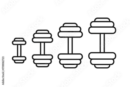 Minimalist linear dumbbell set with progressive weight variation. Fitness, gym, workout icons. Strength training equipment for bodybuilding. Vector line art illustration.
