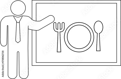 presentation person icon and plate and spoon fork icon with white background