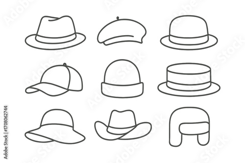 Vector set of various hat styles. Minimalist outline icons. Headwear collection including fedora, beret, baseball cap, beanie, cowboy hat. Fashion accessory illustration.