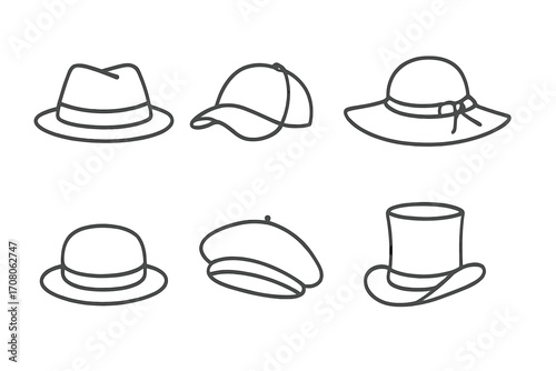 Hat icon set. Minimalist outline collection of various hat styles. Linear design headwear. Vector illustration of fedora, cap, sun hat, bowler, beret, top hat. Fashion accessory.