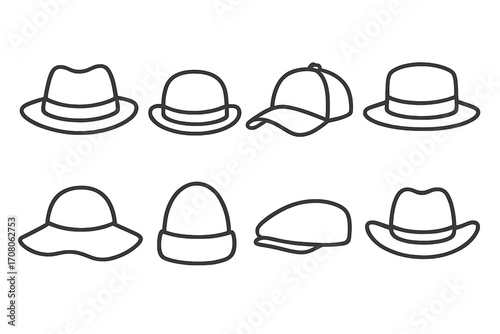 Collection of various hat styles. Minimalist outline icon set. Vector illustration of headwear including fedora, beanie, baseball cap and sun hat. Fashion accessory design.