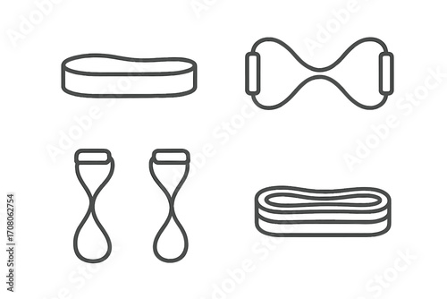Resistance bands vector icon set in outline style. Fitness expander, elastic loop for workout, strength training. Sport equipment for gym, home exercise, and rehabilitation.