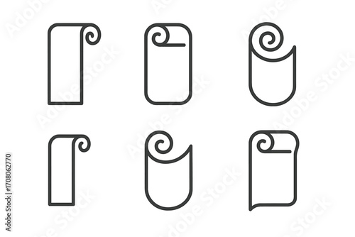 Rolled paper scroll icon set. Minimalist linear design of six variations. Vector for document, diploma, certificate, message, historical manuscript, or ancient papyrus.