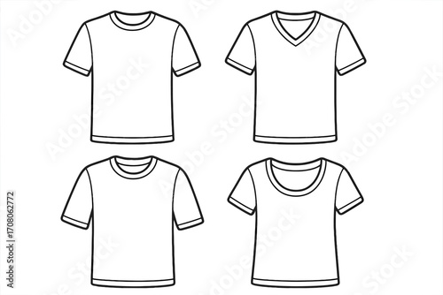 T-shirt outline set with various necklines like crew neck, v-neck, and scoop neck. Vector cartoon illustration collection. Blank white apparel mockup for fashion design. T shirt template icon pack.