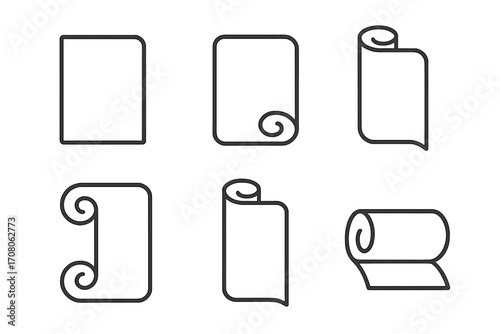 Rolled paper and scroll icons linear design set. Animation sequence of document page curling and unfolding. Blank parchment, manuscript, and message symbols. Vector illustration.