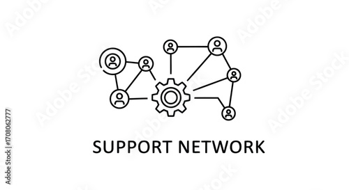 Vector illustration of support network concept with gear and people icons, representing teamwork, collaboration, and community assistance