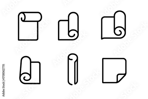 Rolled paper and scroll line icon set. Minimalist vector illustration of documents and sheets. Unrolling parchment concept. Icons for diploma, certificate, message or manuscript.