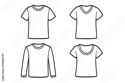 Collection of minimalist t-shirt outlines. Vector line art set featuring various necklines and sleeve styles. Blank apparel mockups for fashion design and clothing templates.