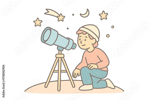 Cute boy stargazing with a telescope at night sky with stars and moon. Concept of astronomy science, discovery, exploration, hobby, dream, and curiosity. Minimalist vector.