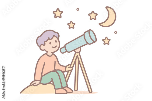 Stargazing person with telescope watching night sky. Vector cartoon. Astronomy hobby, science discovery, space exploration, cosmos, dream, education, looking at universe.
