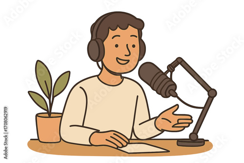 Podcast host recording with microphone in modern minimalist style. Vector cartoon illustration of a man broadcasting live. Radio show, streaming, webinar, content creator concept.