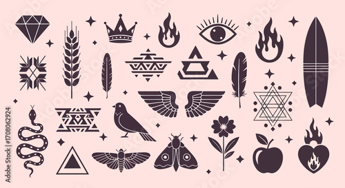 A diverse set of mystical and esoteric symbols featuring sacred geometry, alchemical icons, and boho chic elements for creative design projects