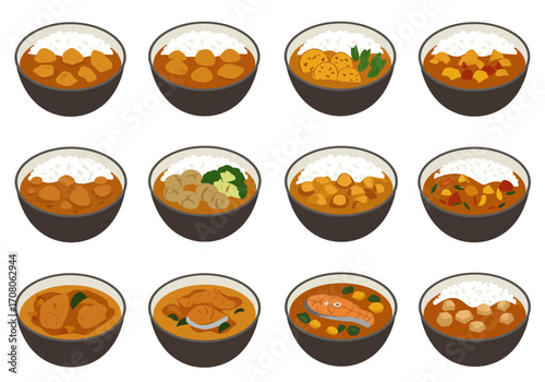 Assorted Curry Rice Bowls Illustration Japanese Cuisine Variety.