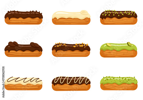 Assorted Eclairs with Chocolate Vanilla and Pistachio Glazes Pastry Delights.