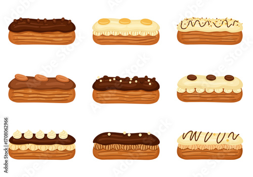 Assorted Eclairs with Chocolate Vanilla and Coffee Flavors.