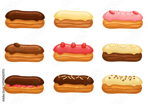 Assorted Eclairs with Chocolate Vanilla and Strawberry Glazes.