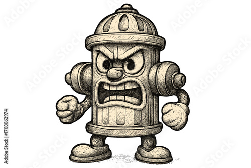 Furious fire hydrant cartoon mascot in vintage sketch style. Angry street fire plug character illustration with clenched fists. Concept of pressure, rage and aggression.