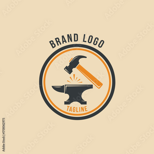 A logo featuring a hammer striking an anvil, enclosed in a circular frame with space for a brand name and tagline.