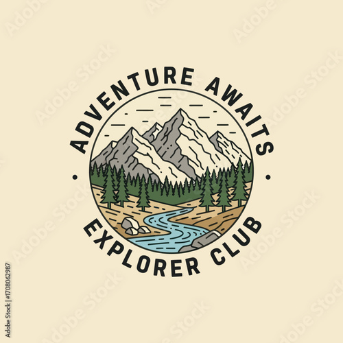 A stylized graphic design of mountains, a river, and trees, featuring the words "Adventure Awaits Explorer Club".