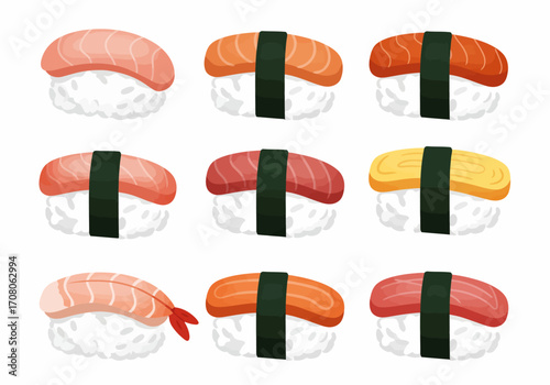 Assorted Nigiri Sushi with Salmon Tuna Shrimp and Egg Toppings 1.
