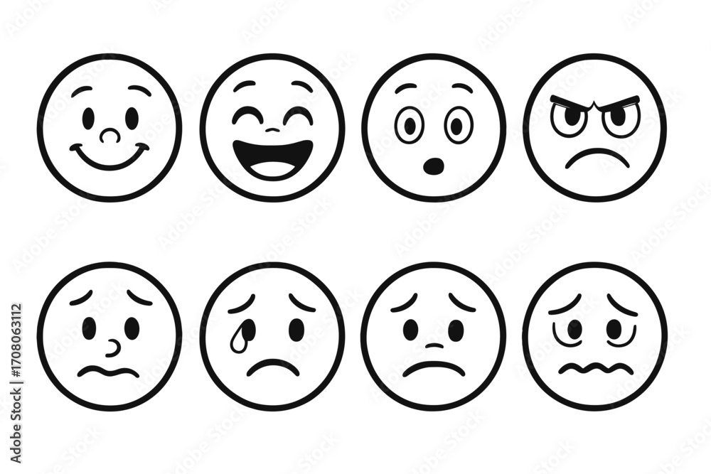 Set of eight emoticon faces expressing diverse emotions, black and white vector cartoon illustration, happy, sad, angry, surprised, crying, worried, emotional expressions, transparent background Set of eight emoticon faces expressing diverse emotions, black and white vector cartoon illustration, happy, sad, angry, surprised, crying, worried, emotional expressions, transparent background