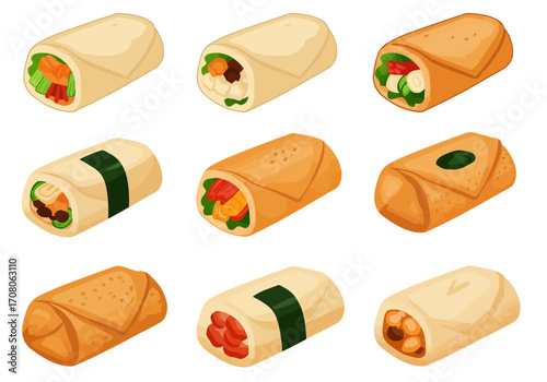 Assorted Spring Rolls Fresh and Fried Varieties with Colorful Vegetable Fillings.