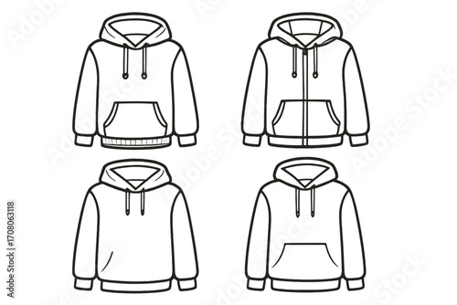 Set of linear hoodie outlines featuring various styles and designs including pullover, zip-up, and plain hoodies with drawstrings, vector cartoon illustration with transparent background