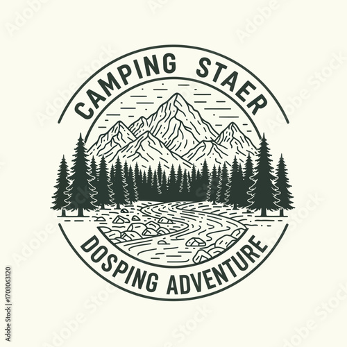 Circular emblem depicting a mountain range behind a forest and river, with text "Camping Staer Dosping Adventure" around the border.