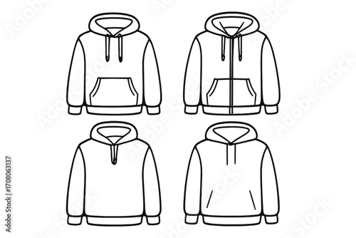 Set of linear hoodie outlines with various styles and designs, vector cartoon illustration, transparent background, casual fashion, unisex sweatshirt, clothing collection