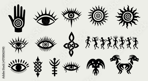 Collection of mystical and occult symbols including eyes, hands, suns, tribal figures, and abstract designs, isolated on a light background