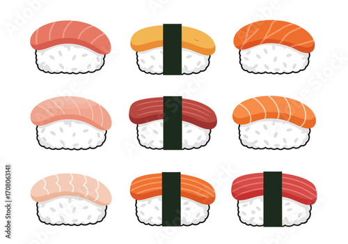 Assorted Sushi Nigiri Set with Tuna Salmon and Egg Toppings.