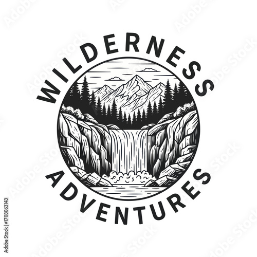 Vintage graphic design of a waterfall cascading into a mountainous wilderness scene, ideal for adventure tourism.